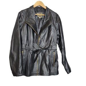 Vintage Womens Classic Black Leather Moto Mid Length Jacket Tie Waist